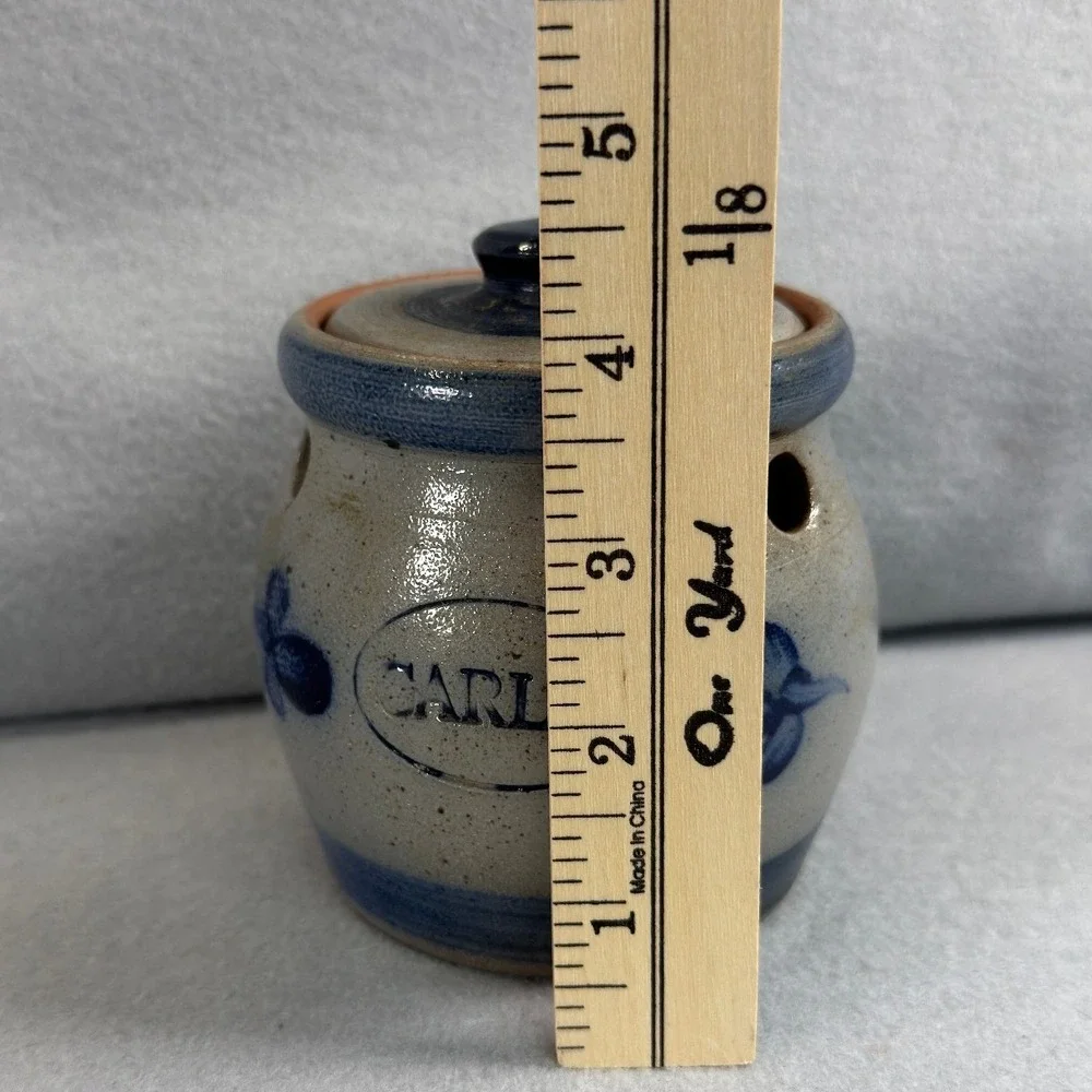 Vintage Rowe Pottery Works Garlic Keeper 1991 Grey Blue Salt Glaze Stoneware